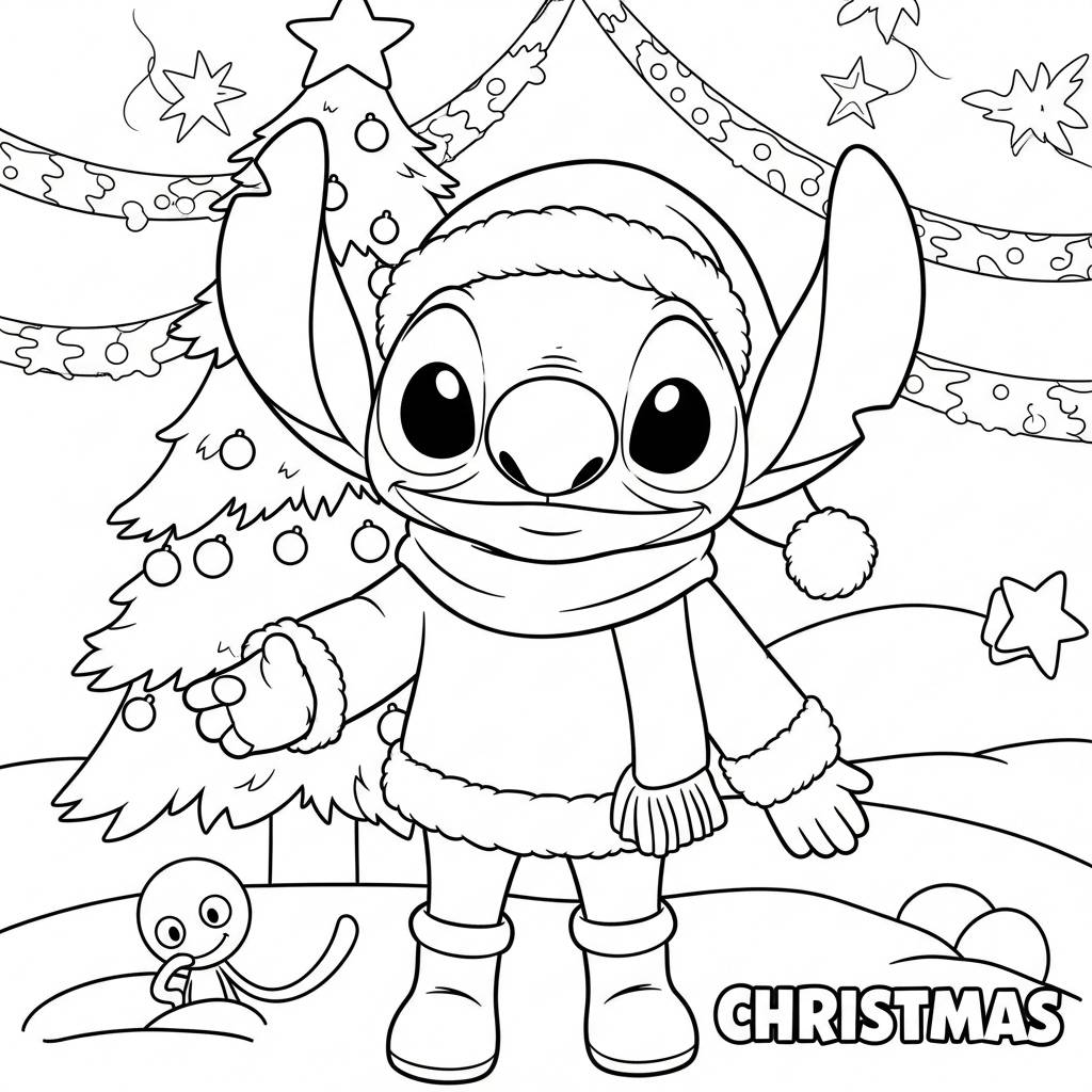 Stitch at Christmas Coloring Page