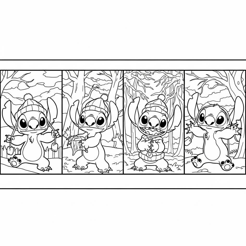 Stitch in Different Seasons Coloring Page