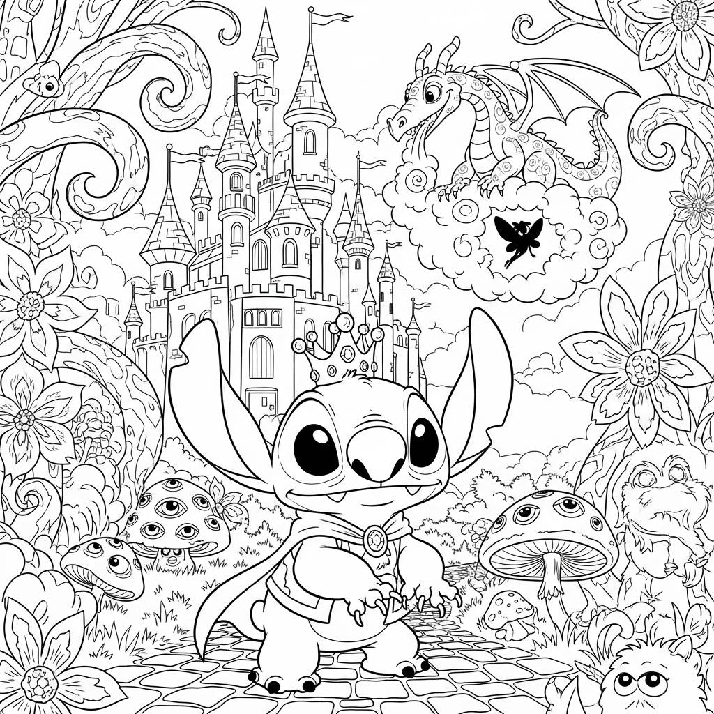 Stitch in a Fantasy World Coloring Page