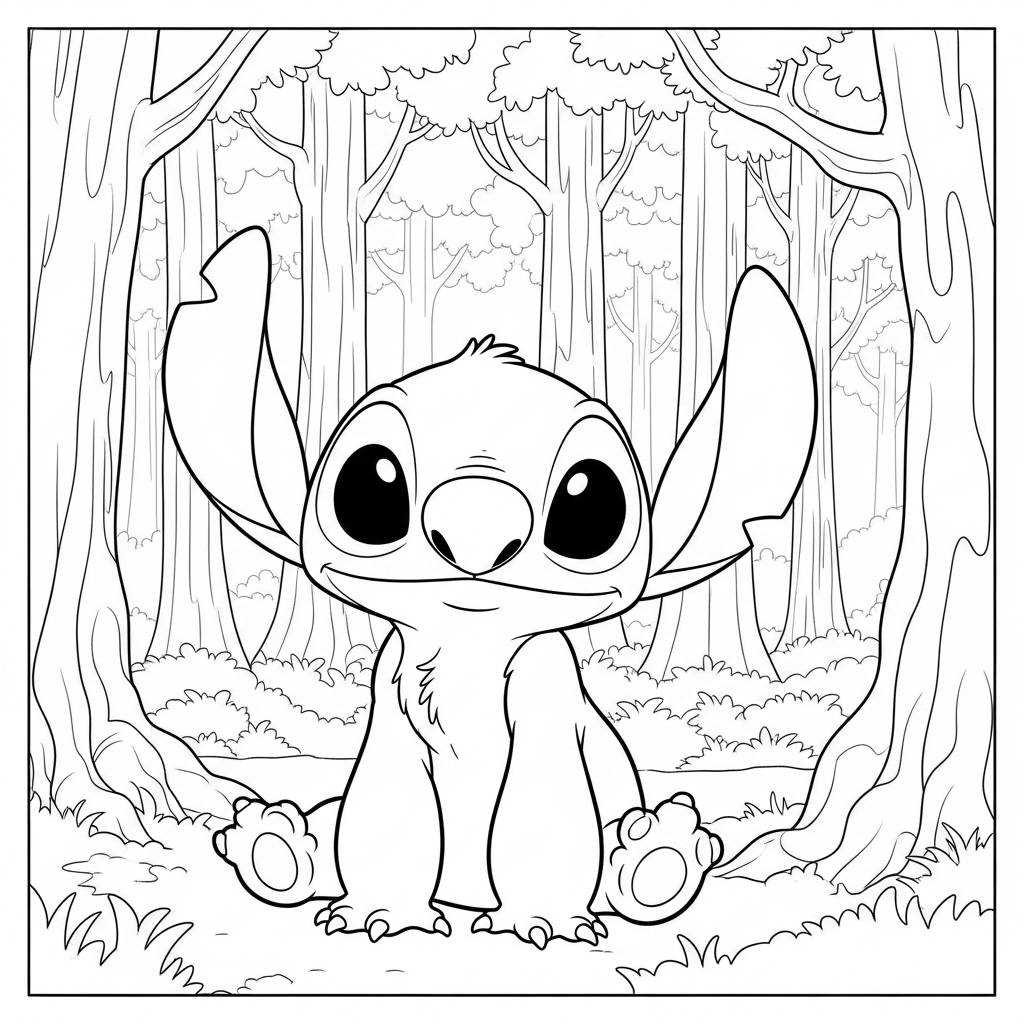 Stitch in a Forest Coloring Page