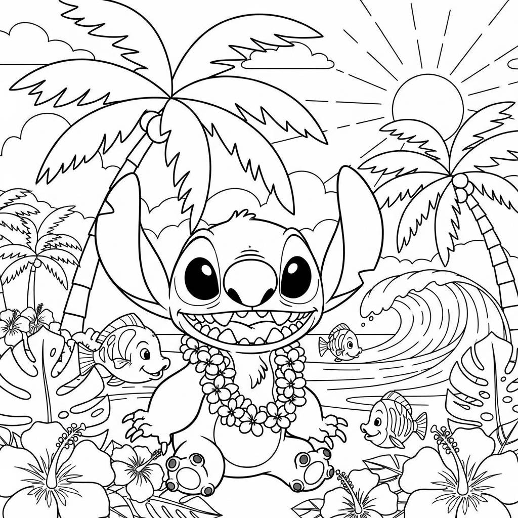 Stitch in a Tropical Paradise Coloring Page