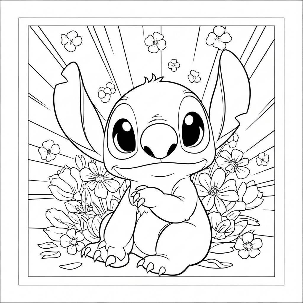Stitch with Flowers Coloring Page
