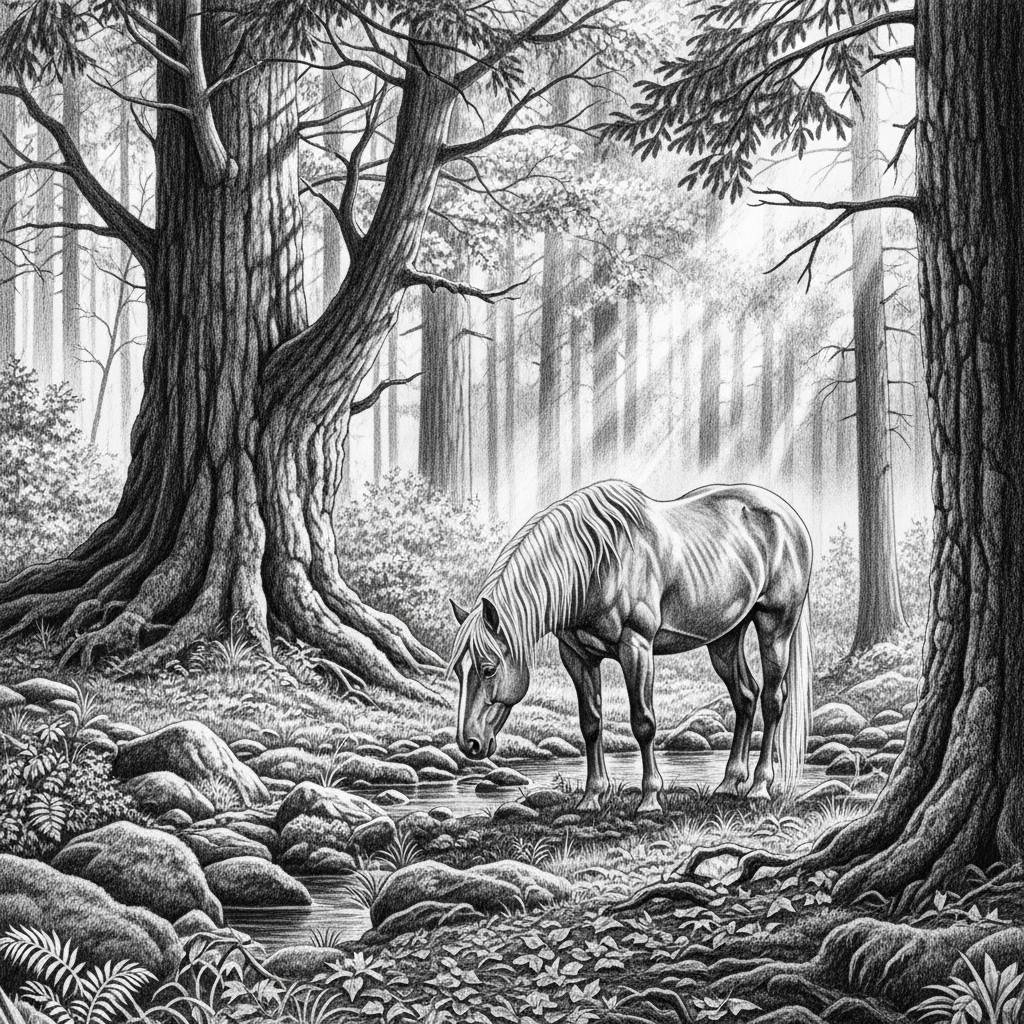 Stuff to Draw: Horse in Forest Environment Drawing