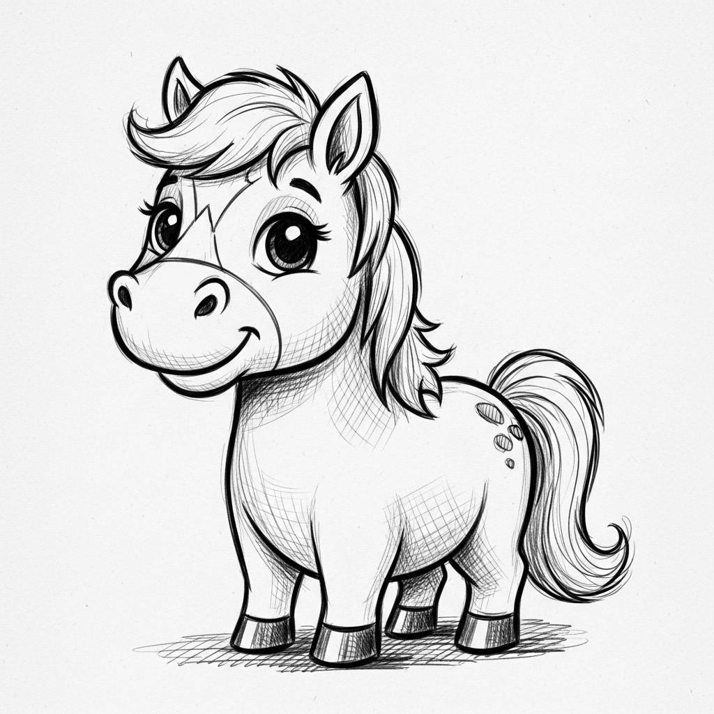 Things to Draw when bored: Cute Cartoon Horse Drawing Sketch Style