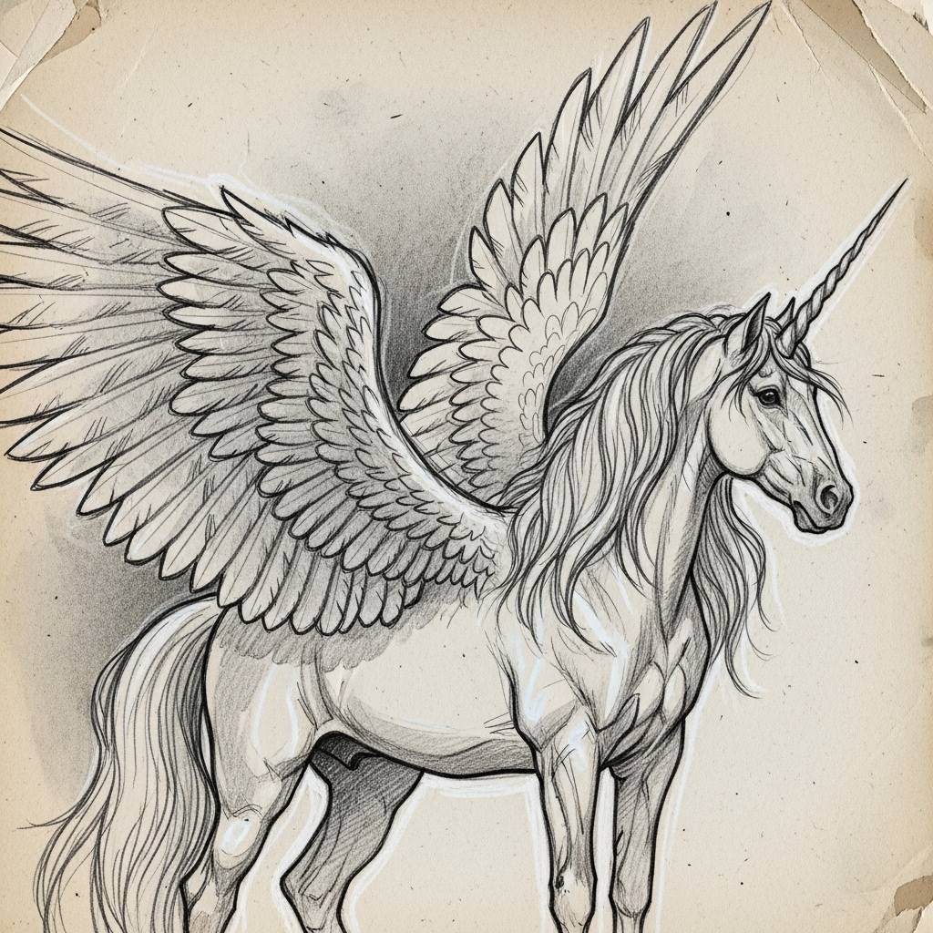 Things to Draw when bored: Fantasy Horse with Wings Unicorn Pencil Drawing Sketch Style