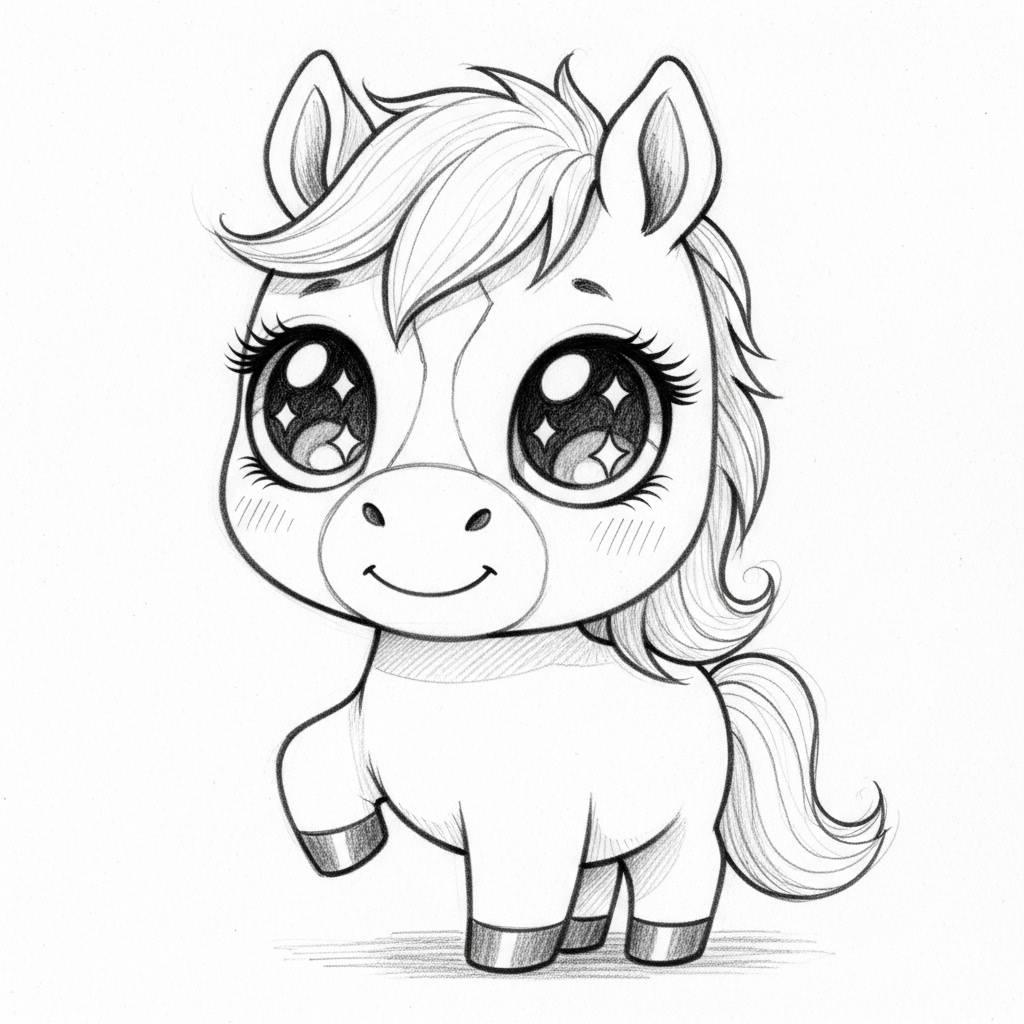 Things to Draw when bored: Kawaii Cute Horse with Big Eyes Pencil Drawing Sketch Style