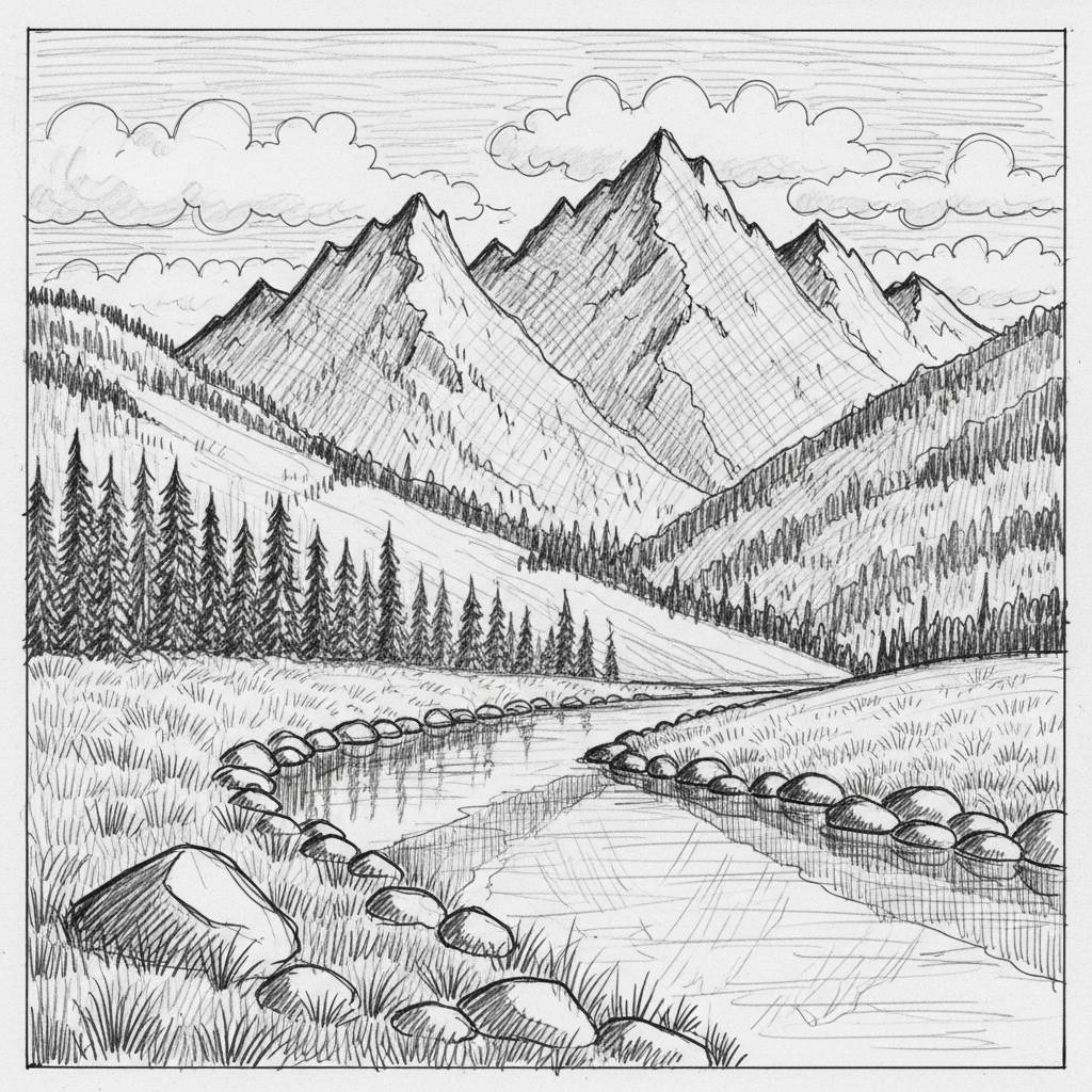 Things to Draw when bored: Simple Mountain Landscape Drawing