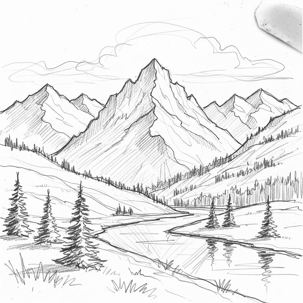 Things to Draw when bored: Simple Pencil Sketch of a Mountain Scene