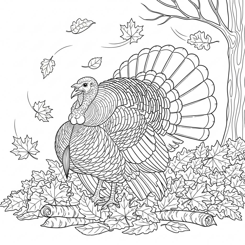 Turkey and Autumn Leaves Coloring Page