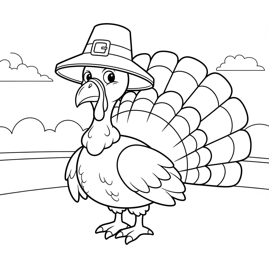 Turkey with Pilgrim Hat Coloring Page