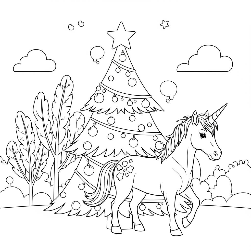 Unicorn Christmas Tree Coloring Page