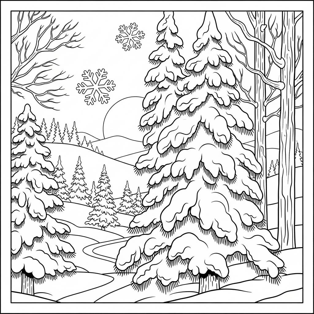 Winter Landscape with Pine Trees Coloring Page
